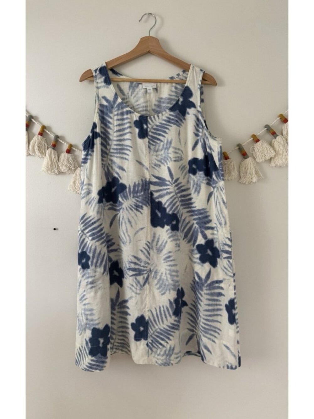 J. Jill Love Linen Tropical Leaf Blue Shift Aline Mini Dress Coastal Resort Wear